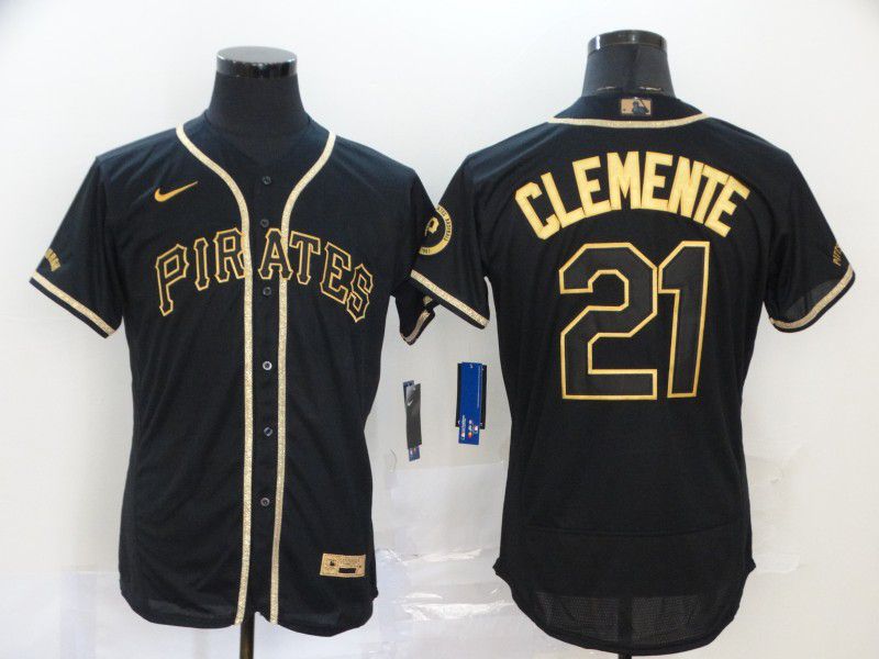 Men Pittsburgh Pirates 21 Clemente Black Retro gold character Nike MLB Jerseys